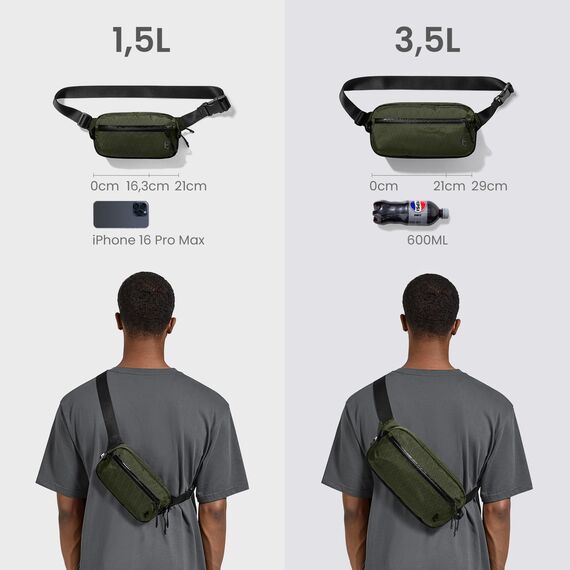 tomtoc X-Pac Bauchtasche für Herren Damen, 1,5 Liter Klein Travel Sling Bag Brusttasche Gürteltasche Schultertasche Umhängetasche mit RFID Schutz für Wandern Reise Alltag, Grün