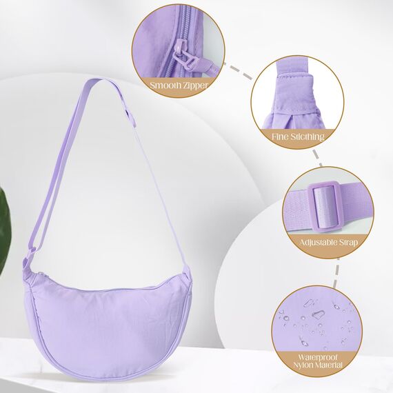 GoPaw Damen Halbmond Crossbody Schultertasche, Hobo Halfmoon Bag, Nylon Crossbody Bag Damen Halbmond Schultertasche mit verstellbarer Schultergurt, Einfarbige(Lila)