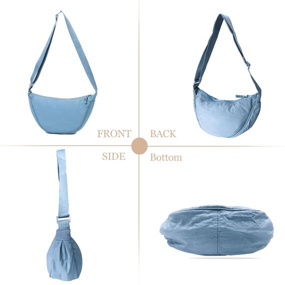 GoPaw Damen Halbmond Crossbody Schultertasche, Hobo Halfmoon Bag, Nylon Crossbody Bag Damen Halbmond Schultertasche mit verstellbarer Schultergurt, Einfarbige(Hellblau)