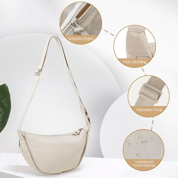 GoPaw Damen Halbmond Crossbody Schultertasche, Hobo Halfmoon Bag, Nylon Crossbody Bag Damen Halbmond Schultertasche mit verstellbarer Schultergurt, Einfarbige(Beige)