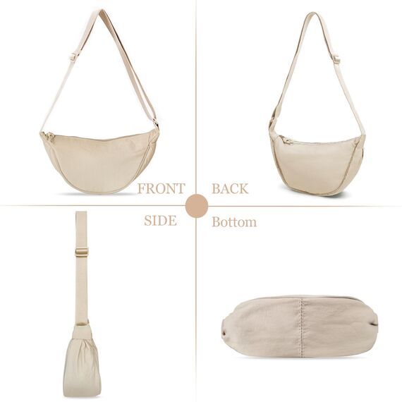 GoPaw Damen Halbmond Crossbody Schultertasche, Hobo Halfmoon Bag, Nylon Crossbody Bag Damen Halbmond Schultertasche mit verstellbarer Schultergurt, Einfarbige(Beige)