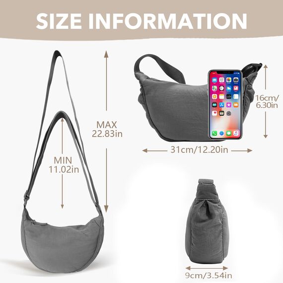 GoPaw Damen Halbmond Crossbody Schultertasche, Hobo Halfmoon Bag, Nylon Crossbody Bag Damen Halbmond Schultertasche mit verstellbarer Schultergurt, Einfarbige(Grau)