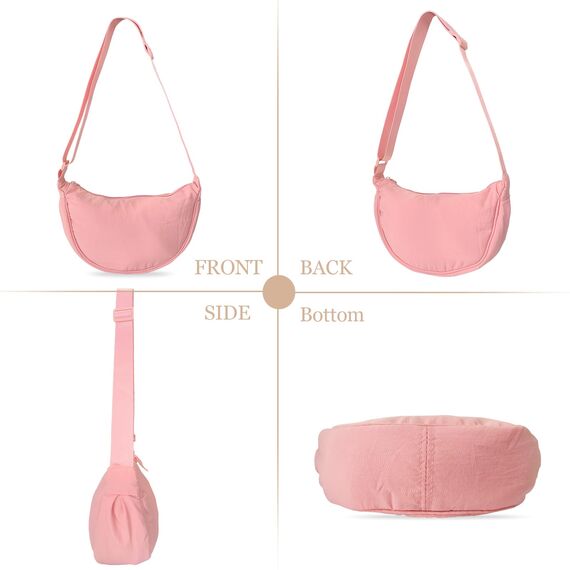 GoPaw Damen Halbmond Crossbody Schultertasche, Hobo Halfmoon Bag, Nylon Crossbody Bag Damen Halbmond Schultertasche mit verstellbarer Schultergurt, Einfarbige(Rosa)