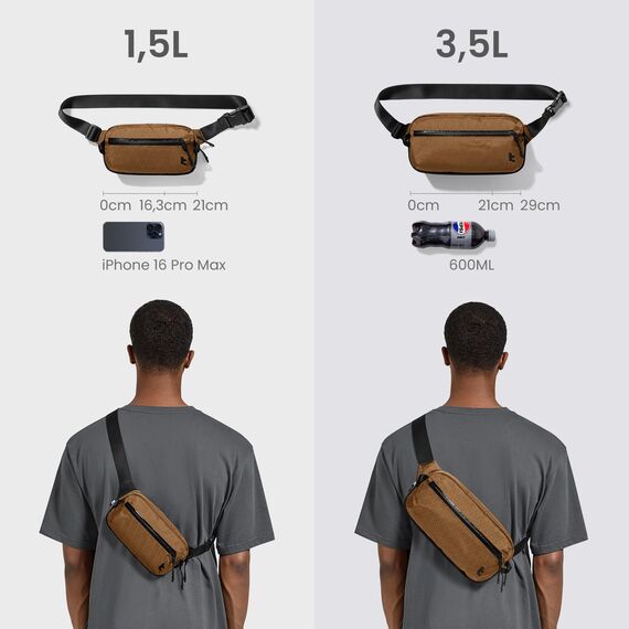 tomtoc X-Pac Sling Bag für Herren Damen, 3,5 Liter Bauchtasche Brusttasche Gürteltasche Schultertasche Umhängetasche Crossbody Bag mit RFID Schutz für Wandern Travel Reise Alltag, Braun