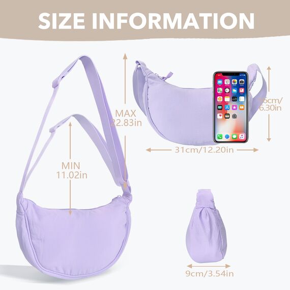 GoPaw Damen Halbmond Crossbody Schultertasche, Hobo Halfmoon Bag, Nylon Crossbody Bag Damen Halbmond Schultertasche mit verstellbarer Schultergurt, Einfarbige(Lila)