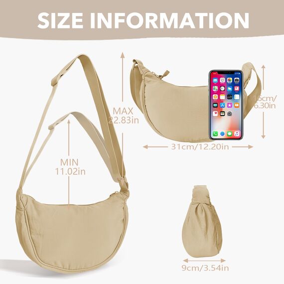 GoPaw Damen Halbmond Crossbody Schultertasche, Hobo Halfmoon Bag, Nylon Crossbody Bag Damen Halbmond Schultertasche mit verstellbarer Schultergurt, Einfarbige(Khaki)