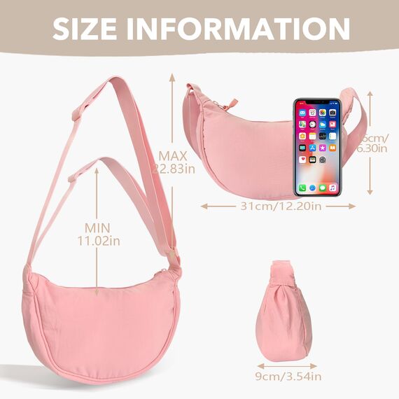 GoPaw Damen Halbmond Crossbody Schultertasche, Hobo Halfmoon Bag, Nylon Crossbody Bag Damen Halbmond Schultertasche mit verstellbarer Schultergurt, Einfarbige(Rosa)
