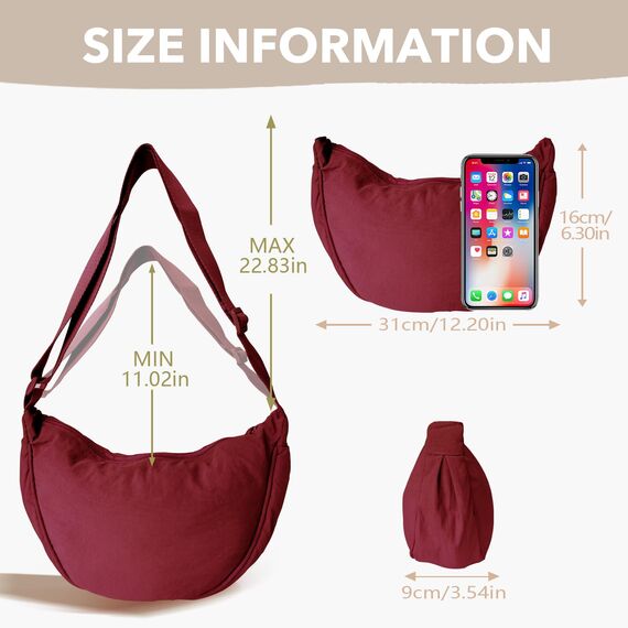 GoPaw Damen Halbmond Crossbody Schultertasche, Hobo Halfmoon Bag, Nylon Crossbody Bag Damen Halbmond Schultertasche mit verstellbarer Schultergurt, Einfarbige(Burgunderrot)