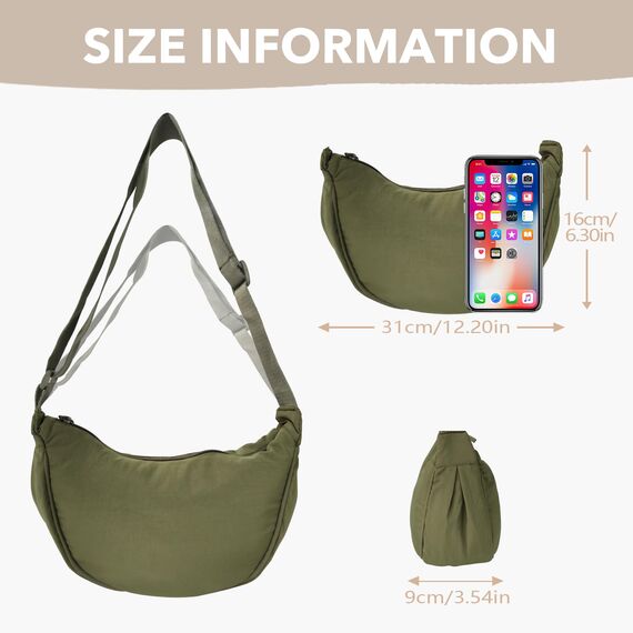 GoPaw Damen Halbmond Crossbody Schultertasche, Hobo Halfmoon Bag, Nylon Crossbody Bag Damen Halbmond Schultertasche mit verstellbarer Schultergurt, Einfarbige(Armeegrün)