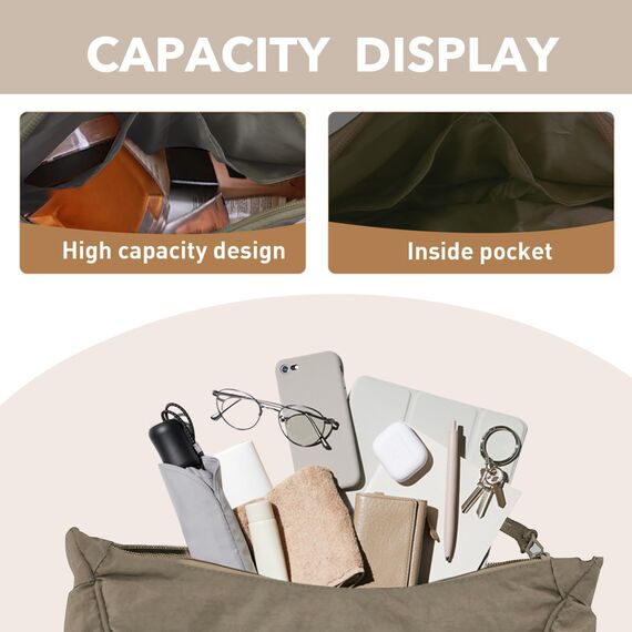 GoPaw Damen Halbmond Crossbody Schultertasche, Hobo Halfmoon Bag, Nylon Crossbody Bag Damen Halbmond Schultertasche mit verstellbarer Schultergurt, Einfarbige(Kaffee)