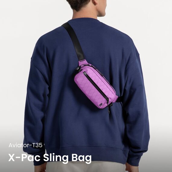 tomtoc X-Pac Bauchtasche für Herren Damen, 1,5 Liter Klein Travel Sling Bag Brusttasche Gürteltasche Schultertasche Umhängetasche mit RFID Schutz für Wandern Reise Alltag, Lila