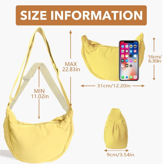 GoPaw Damen Halbmond Crossbody Schultertasche, Hobo Halfmoon Bag, Nylon Crossbody Bag Damen Halbmond Schultertasche mit verstellbarer Schultergurt, Einfarbige(Gelb)