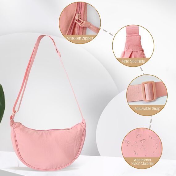 GoPaw Damen Halbmond Crossbody Schultertasche, Hobo Halfmoon Bag, Nylon Crossbody Bag Damen Halbmond Schultertasche mit verstellbarer Schultergurt, Einfarbige(Rosa)