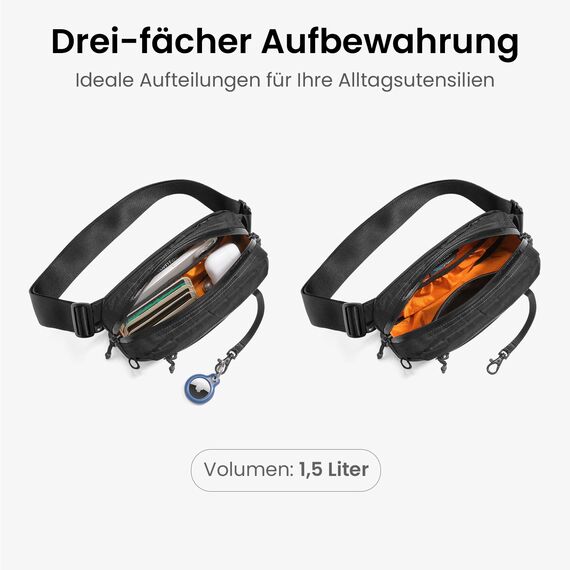tomtoc X-Pac Bauchtasche für Herren Damen, 1,5 Liter Klein Travel Sling Bag Brusttasche Gürteltasche Schultertasche Umhängetasche mit RFID Schutz für Wandern Reise Alltag, Schwarz