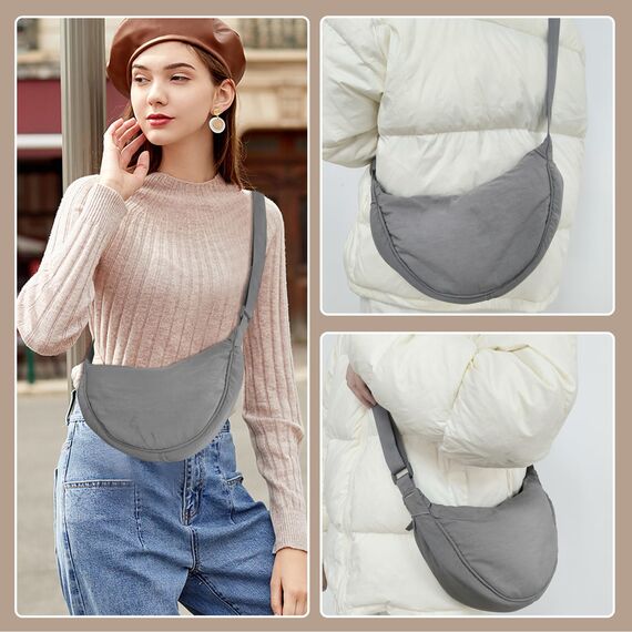GoPaw Damen Halbmond Crossbody Schultertasche, Hobo Halfmoon Bag, Nylon Crossbody Bag Damen Halbmond Schultertasche mit verstellbarer Schultergurt, Einfarbige(Grau)