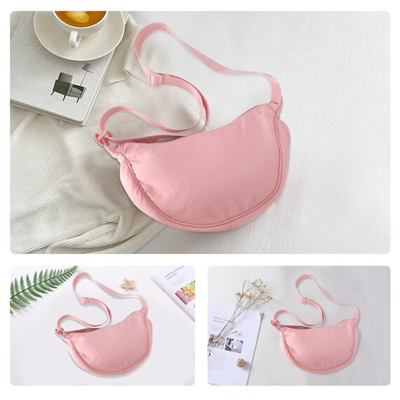 GoPaw Damen Halbmond Crossbody Schultertasche, Hobo Halfmoon Bag, Nylon Crossbody Bag Damen Halbmond Schultertasche mit verstellbarer Schultergurt, Einfarbige(Rosa)