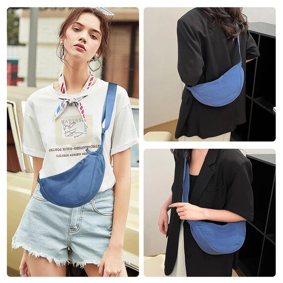 GoPaw Damen Halbmond Crossbody Schultertasche, Hobo Halfmoon Bag, Nylon Crossbody Bag Damen Halbmond Schultertasche mit verstellbarer Schultergurt, Einfarbige(Blau)