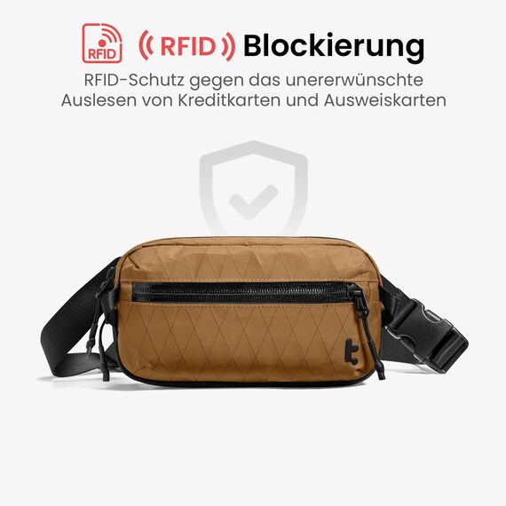 tomtoc X-Pac Bauchtasche für Herren Damen, 1,5 Liter Klein Travel Sling Bag Brusttasche Gürteltasche Schultertasche Umhängetasche mit RFID Schutz für Wandern Reise Alltag, Braun