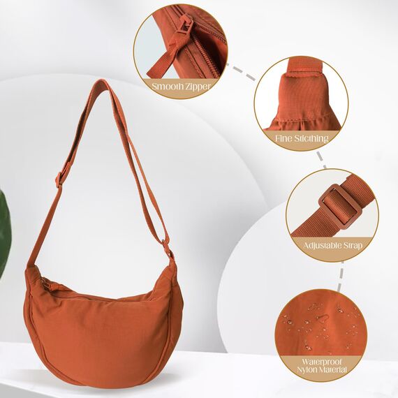 GoPaw Damen Halbmond Crossbody Schultertasche, Hobo Halfmoon Bag, Nylon Crossbody Bag Damen Halbmond Schultertasche mit verstellbarer Schultergurt, Einfarbige(Orange)