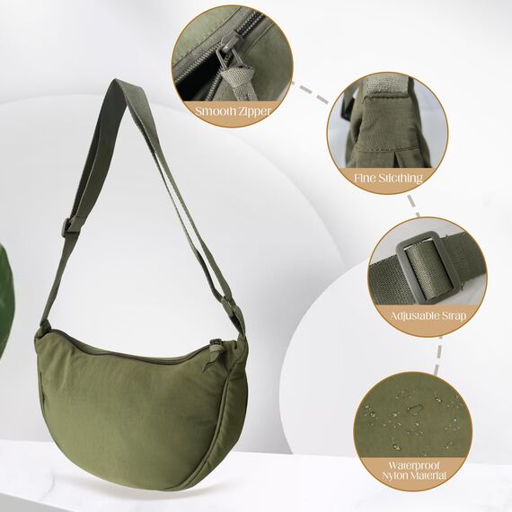 GoPaw Damen Halbmond Crossbody Schultertasche, Hobo Halfmoon Bag, Nylon Crossbody Bag Damen Halbmond Schultertasche mit verstellbarer Schultergurt, Einfarbige(Armeegrün)