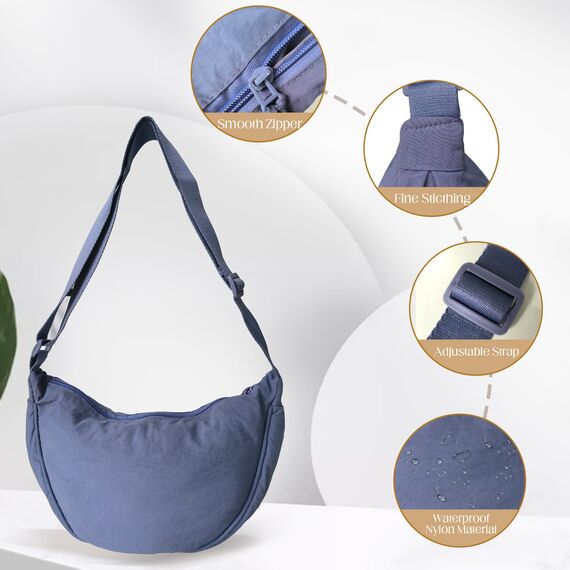 GoPaw Damen Halbmond Crossbody Schultertasche, Hobo Halfmoon Bag, Nylon Crossbody Bag Damen Halbmond Schultertasche mit verstellbarer Schultergurt, Einfarbige(Blau)