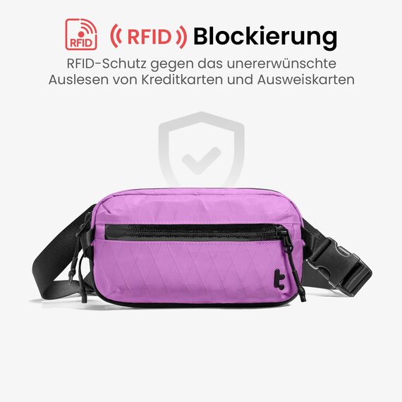 tomtoc X-Pac Bauchtasche für Herren Damen, 1,5 Liter Klein Travel Sling Bag Brusttasche Gürteltasche Schultertasche Umhängetasche mit RFID Schutz für Wandern Reise Alltag, Lila