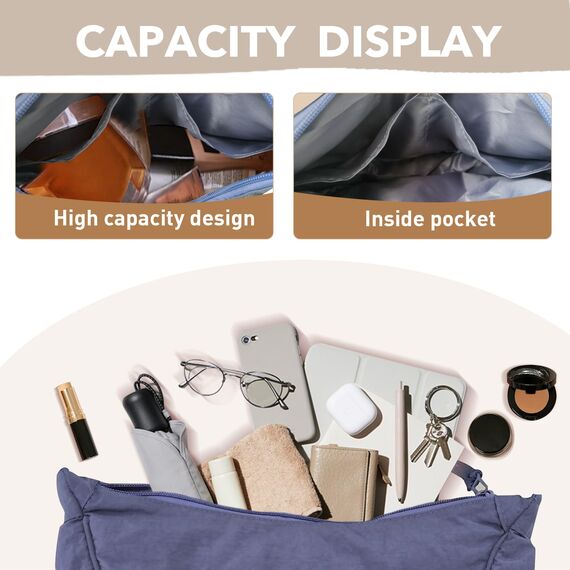 GoPaw Damen Halbmond Crossbody Schultertasche, Hobo Halfmoon Bag, Nylon Crossbody Bag Damen Halbmond Schultertasche mit verstellbarer Schultergurt, Einfarbige(Blau)