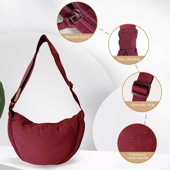 GoPaw Damen Halbmond Crossbody Schultertasche, Hobo Halfmoon Bag, Nylon Crossbody Bag Damen Halbmond Schultertasche mit verstellbarer Schultergurt, Einfarbige(Burgunderrot)