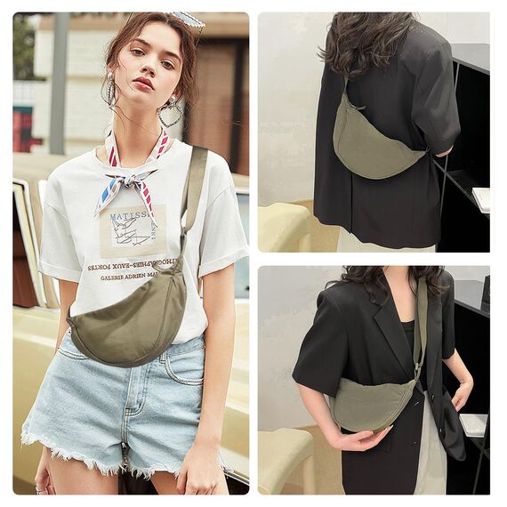 GoPaw Damen Halbmond Crossbody Schultertasche, Hobo Halfmoon Bag, Nylon Crossbody Bag Damen Halbmond Schultertasche mit verstellbarer Schultergurt, Einfarbige(Kaffee)