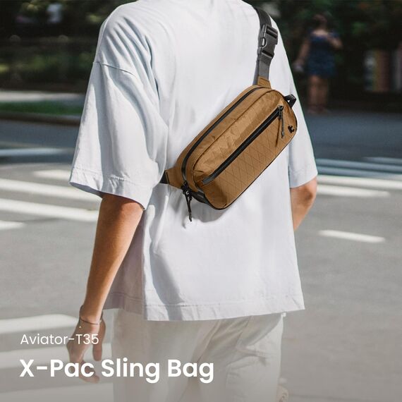 tomtoc X-Pac Sling Bag für Herren Damen, 3,5 Liter Bauchtasche Brusttasche Gürteltasche Schultertasche Umhängetasche Crossbody Bag mit RFID Schutz für Wandern Travel Reise Alltag, Braun