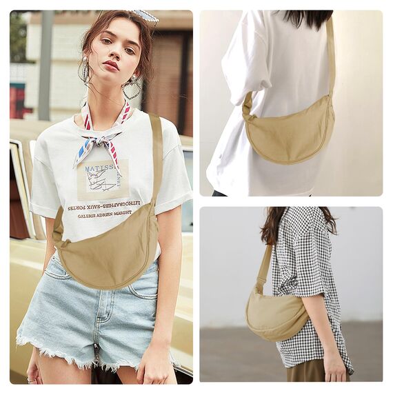 GoPaw Damen Halbmond Crossbody Schultertasche, Hobo Halfmoon Bag, Nylon Crossbody Bag Damen Halbmond Schultertasche mit verstellbarer Schultergurt, Einfarbige(Khaki)