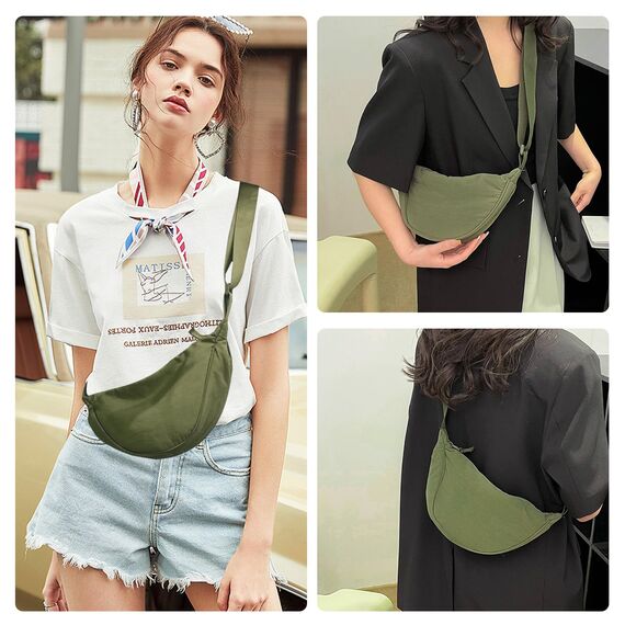 GoPaw Damen Halbmond Crossbody Schultertasche, Hobo Halfmoon Bag, Nylon Crossbody Bag Damen Halbmond Schultertasche mit verstellbarer Schultergurt, Einfarbige(Armeegrün)