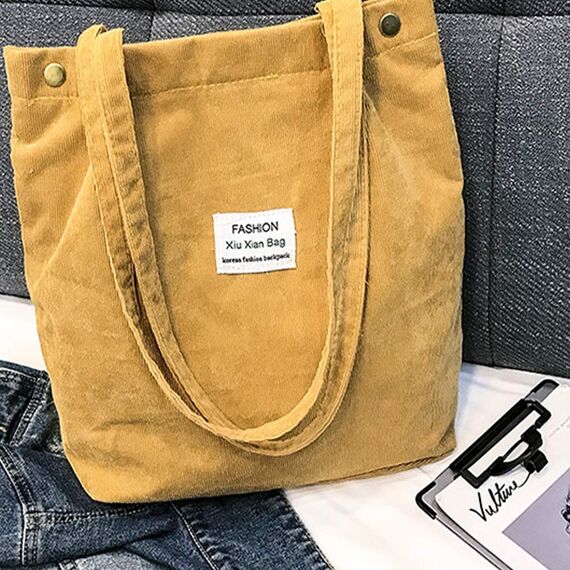 Funtlend Elegant Umhängetasche Damen Groß Cord Tasche Damen Handtasche Schultertasche für Uni Arbeit Mädchen Schule Büro-Gelb