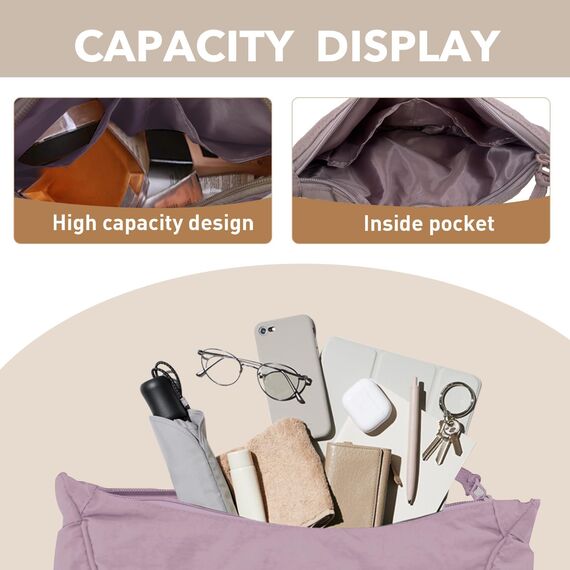 GoPaw Damen Halbmond Crossbody Schultertasche, Hobo Halfmoon Bag, Nylon Crossbody Bag Damen Halbmond Schultertasche mit verstellbarer Schultergurt, Einfarbige(Yamsviolett)