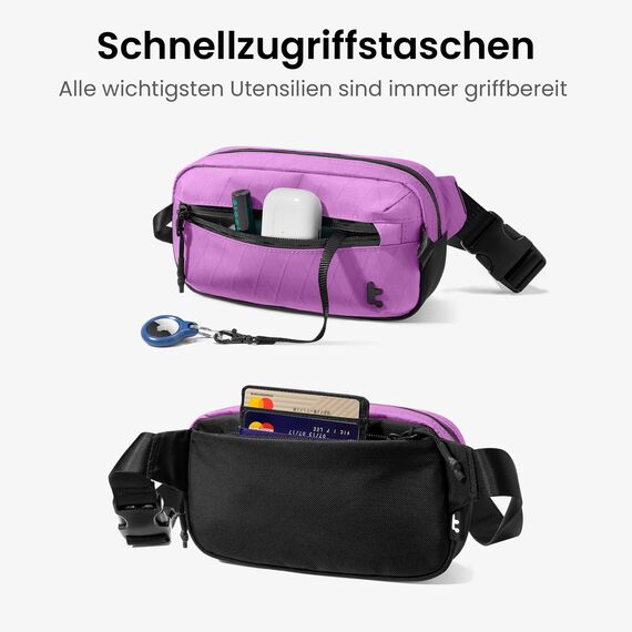 tomtoc X-Pac Bauchtasche für Herren Damen, 1,5 Liter Klein Travel Sling Bag Brusttasche Gürteltasche Schultertasche Umhängetasche mit RFID Schutz für Wandern Reise Alltag, Lila
