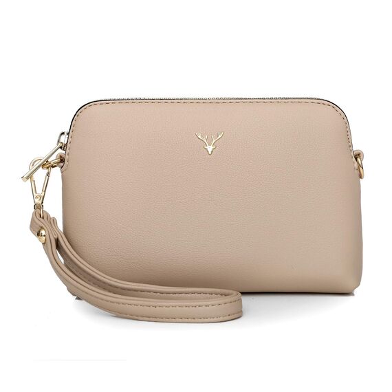 ZMDB Damen Klein Umhängetasche PU Leder Handytasche mit Handgelenkband & Verstellbar Abnehmbar Schultergurt, Damen Tasche Reißverschluss Crossbody Bag (Beige-Groß)