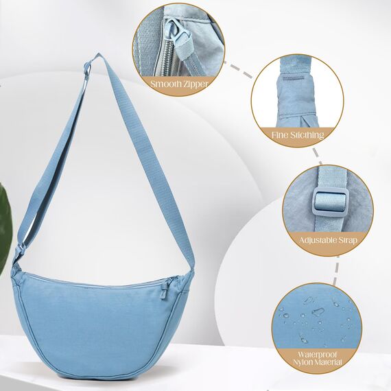 GoPaw Damen Halbmond Crossbody Schultertasche, Hobo Halfmoon Bag, Nylon Crossbody Bag Damen Halbmond Schultertasche mit verstellbarer Schultergurt, Einfarbige(Hellblau)