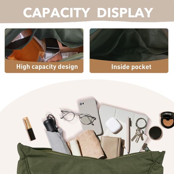 GoPaw Damen Halbmond Crossbody Schultertasche, Hobo Halfmoon Bag, Nylon Crossbody Bag Damen Halbmond Schultertasche mit verstellbarer Schultergurt, Einfarbige(Armeegrün)