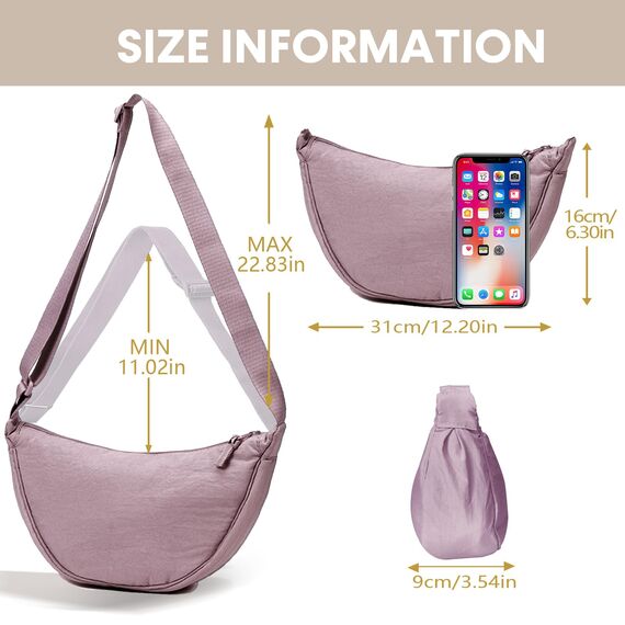 GoPaw Damen Halbmond Crossbody Schultertasche, Hobo Halfmoon Bag, Nylon Crossbody Bag Damen Halbmond Schultertasche mit verstellbarer Schultergurt, Einfarbige(Yamsviolett)