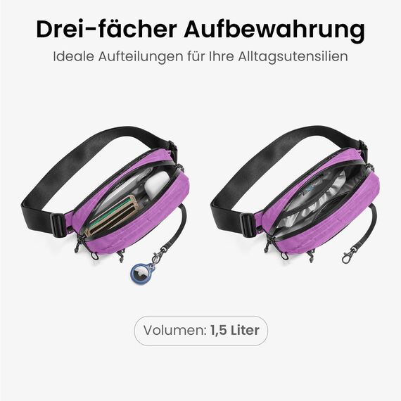 tomtoc X-Pac Bauchtasche für Herren Damen, 1,5 Liter Klein Travel Sling Bag Brusttasche Gürteltasche Schultertasche Umhängetasche mit RFID Schutz für Wandern Reise Alltag, Lila