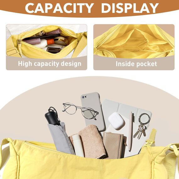 GoPaw Damen Halbmond Crossbody Schultertasche, Hobo Halfmoon Bag, Nylon Crossbody Bag Damen Halbmond Schultertasche mit verstellbarer Schultergurt, Einfarbige(Gelb)