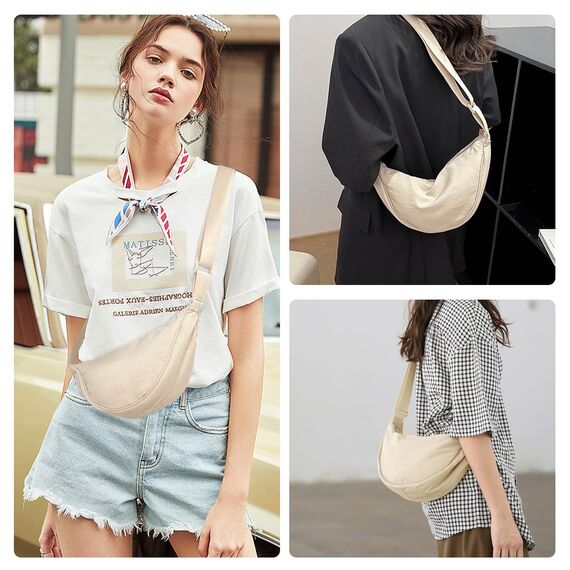 GoPaw Damen Halbmond Crossbody Schultertasche, Hobo Halfmoon Bag, Nylon Crossbody Bag Damen Halbmond Schultertasche mit verstellbarer Schultergurt, Einfarbige(Beige)