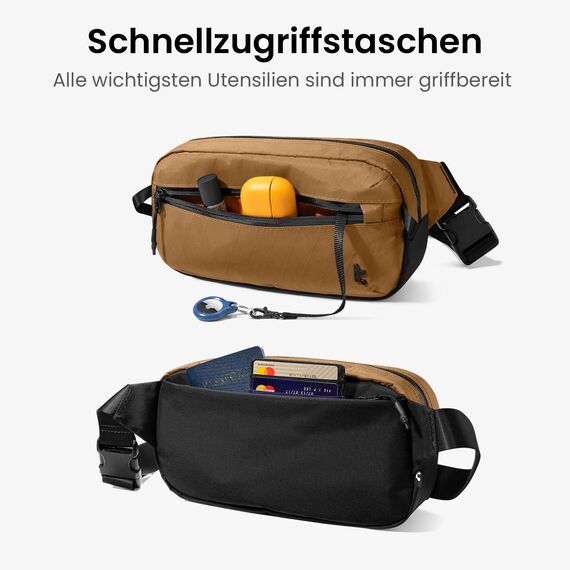 tomtoc X-Pac Sling Bag für Herren Damen, 3,5 Liter Bauchtasche Brusttasche Gürteltasche Schultertasche Umhängetasche Crossbody Bag mit RFID Schutz für Wandern Travel Reise Alltag, Braun