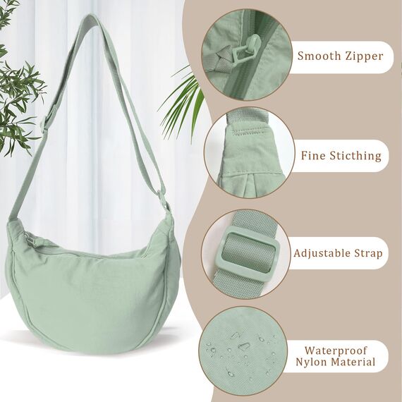 GoPaw Damen Halbmond Crossbody Schultertasche, Hobo Halfmoon Bag, Nylon Crossbody Bag Damen Halbmond Schultertasche mit verstellbarer Schultergurt, Einfarbige(Mintgrün)