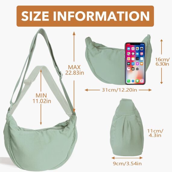 GoPaw Damen Halbmond Crossbody Schultertasche, Hobo Halfmoon Bag, Nylon Crossbody Bag Damen Halbmond Schultertasche mit verstellbarer Schultergurt, Einfarbige(Mintgrün)