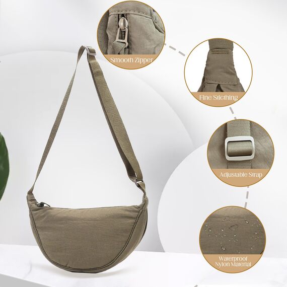 GoPaw Damen Halbmond Crossbody Schultertasche, Hobo Halfmoon Bag, Nylon Crossbody Bag Damen Halbmond Schultertasche mit verstellbarer Schultergurt, Einfarbige(Kaffee)
