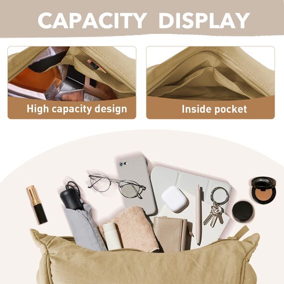 GoPaw Damen Halbmond Crossbody Schultertasche, Hobo Halfmoon Bag, Nylon Crossbody Bag Damen Halbmond Schultertasche mit verstellbarer Schultergurt, Einfarbige(Khaki)