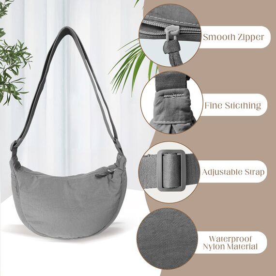 GoPaw Damen Halbmond Crossbody Schultertasche, Hobo Halfmoon Bag, Nylon Crossbody Bag Damen Halbmond Schultertasche mit verstellbarer Schultergurt, Einfarbige(Grau)