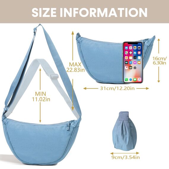 GoPaw Damen Halbmond Crossbody Schultertasche, Hobo Halfmoon Bag, Nylon Crossbody Bag Damen Halbmond Schultertasche mit verstellbarer Schultergurt, Einfarbige(Hellblau)