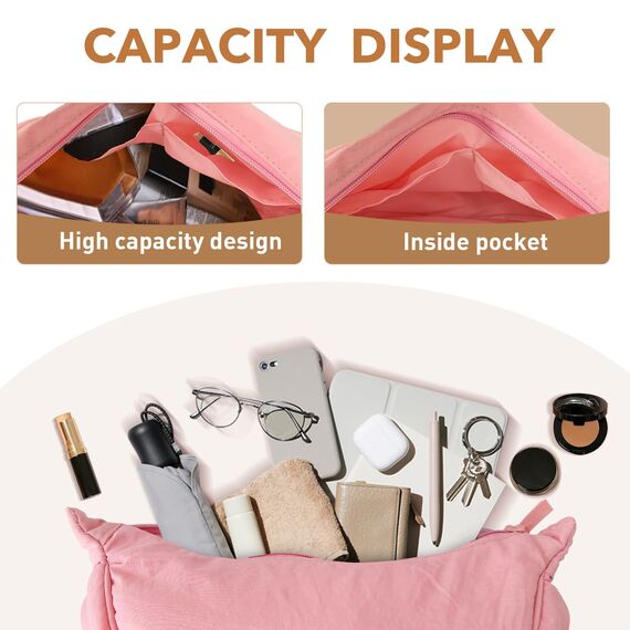 GoPaw Damen Halbmond Crossbody Schultertasche, Hobo Halfmoon Bag, Nylon Crossbody Bag Damen Halbmond Schultertasche mit verstellbarer Schultergurt, Einfarbige(Rosa)